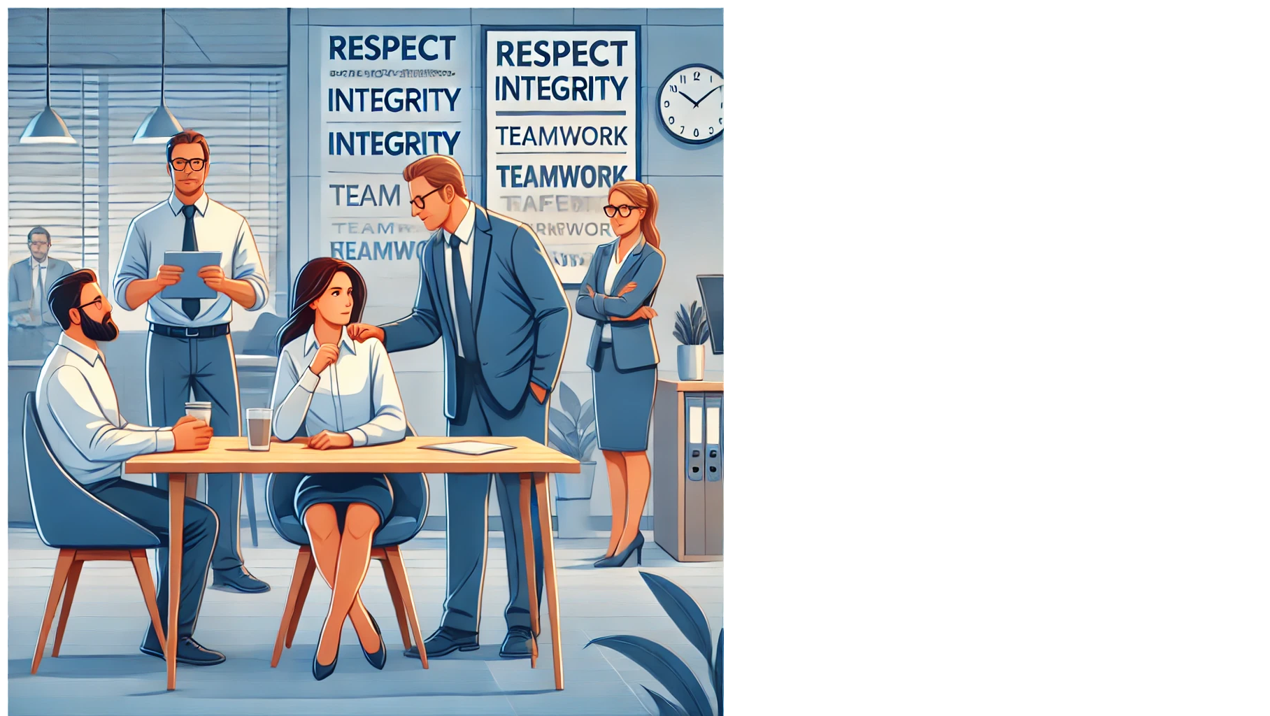 Una ilustración moderna y profesional que represente un entorno laboral. En la imagen, se pueden ver varias personas interact